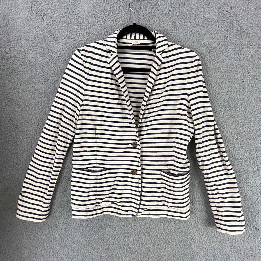 J.Crew Striped Knit Blazer Womens Size M Navy White Cotton Nautical Excellent